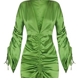 Orange Satin Deep V Ruched Dress